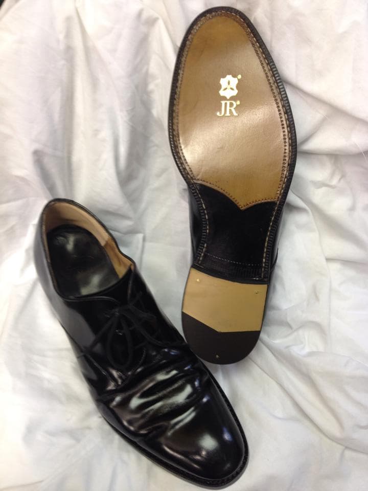 Black leather dress shoes resoled with JR leather soles — George Shoe Repairs London