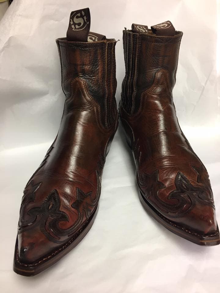 Brown leather pointed toe cowboy boots repaired and restored in London